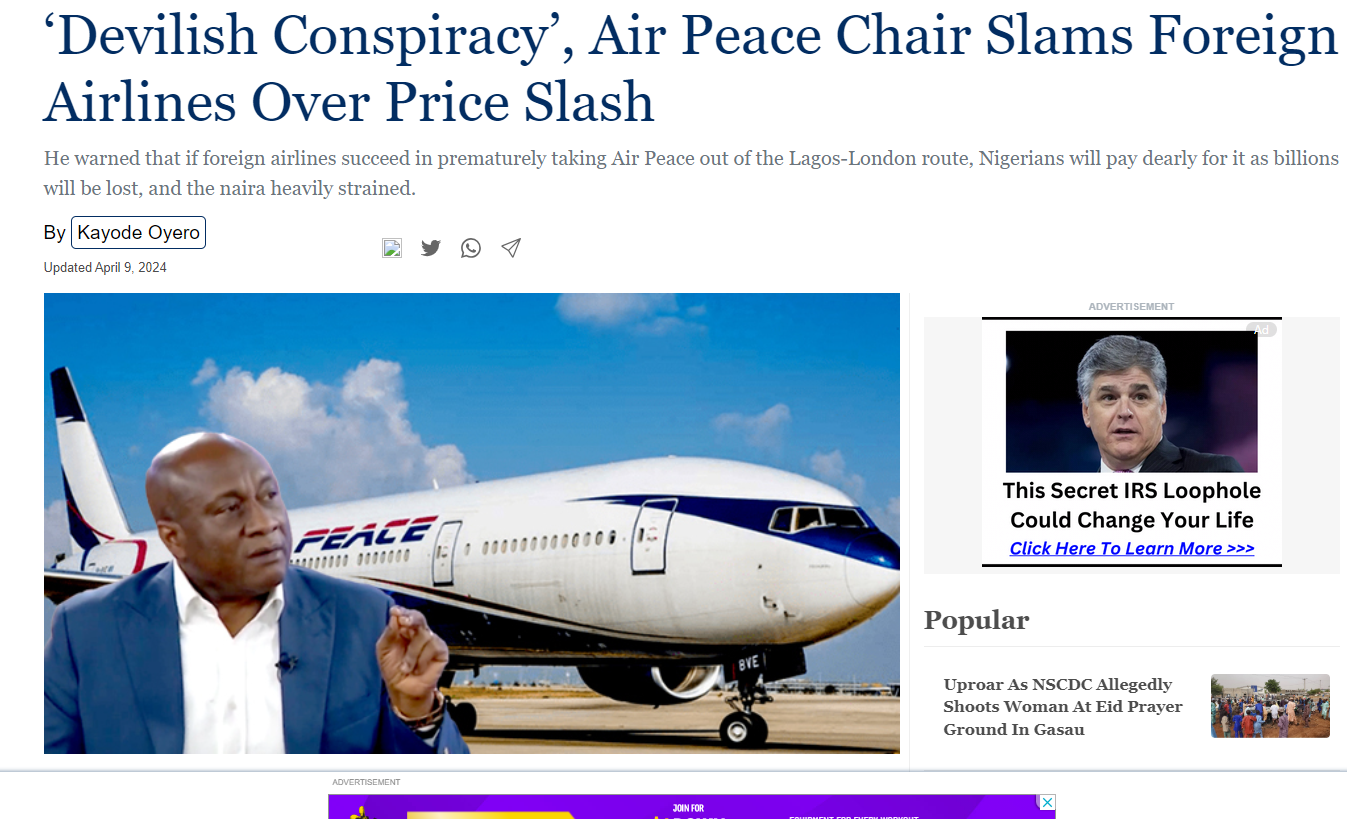 Air Peace And Mr Onyeama Should Grow Up and Stop Whining About The Price War They Started Against Foreign Airlines